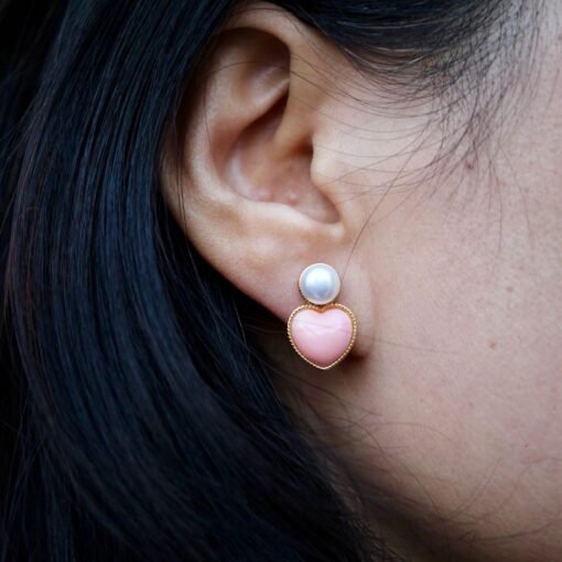Natural Heart Pink Queen Conch Shell with pearl earring silver/Art Deco Trendy real pearl Jewelry|Unique Earring|Heart Stud Earrings - Image 4