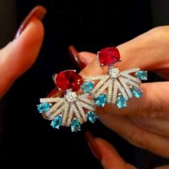 Unique Floral white Zircon Stud earring silver|Multicolor zircon Jewelry|Unique Vintage Zircon Earring WomenHandmade red zircon earring