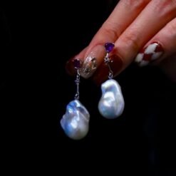 Natural Pearl Drop Earrings With Amethyst Silver|Statement Modern Pearl Drop/Art deco Pearl Drop Women|Unique February Birthstone Gift