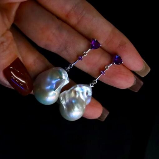 Natural Pearl Drop Earrings With Amethyst Silver|Statement Modern Pearl Drop/Art deco Pearl Drop Women|Unique February Birthstone Gift - Image 6