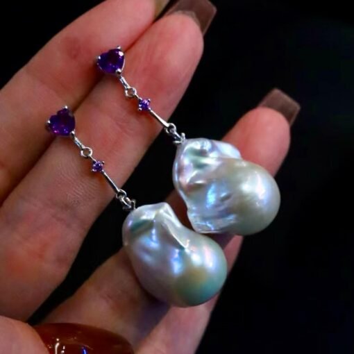 Natural Pearl Drop Earrings With Amethyst Silver|Statement Modern Pearl Drop/Art deco Pearl Drop Women|Unique February Birthstone Gift - Image 5