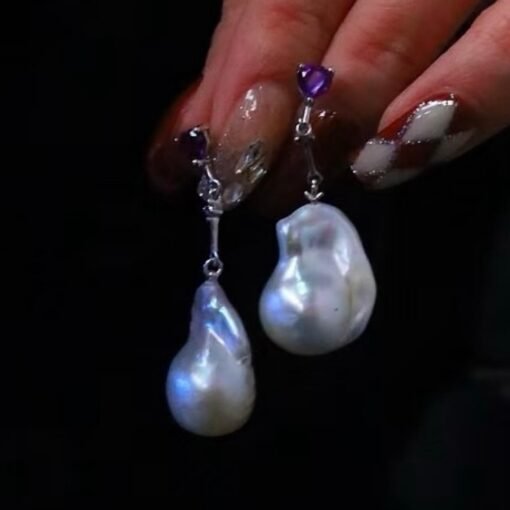 Natural Pearl Drop Earrings With Amethyst Silver|Statement Modern Pearl Drop/Art deco Pearl Drop Women|Unique February Birthstone Gift - Image 7