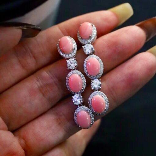 Natural Pink Queen Conch Shell drop earring silver|Art Deco Vintage Untreated Pink Gemstone Jewelry|Unique White Zircon Earring Women - Image 2