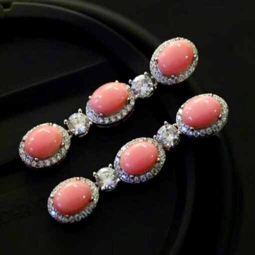 Natural Pink Queen Conch Shell drop earring silver|Art Deco Vintage Untreated Pink Gemstone Jewelry|Unique White Zircon Earring Women - Image 7