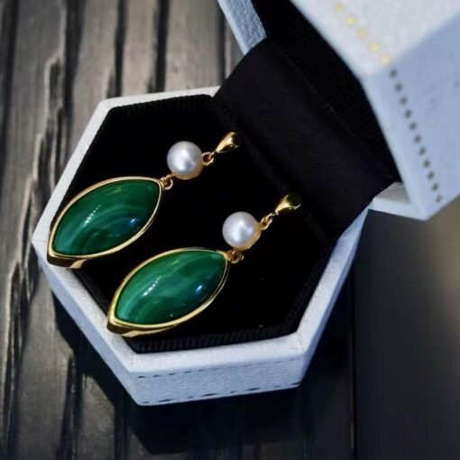 Natural Malachite Studs Earrings Pearl|Vivid Green Malachite Earring Sterling Silver|Statement Green Studs Earring|Minimalist Pearl Earrings - Image 3