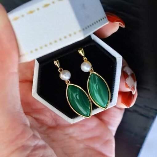 Natural Malachite Studs Earrings Pearl|Vivid Green Malachite Earring Sterling Silver|Statement Green Studs Earring|Minimalist Pearl Earrings - Image 4