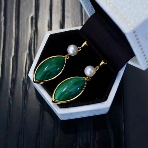 Natural Malachite Studs Earrings Pearl|Vivid Green Malachite Earring Sterling Silver|Statement Green Studs Earring|Minimalist Pearl Earrings - Image 6