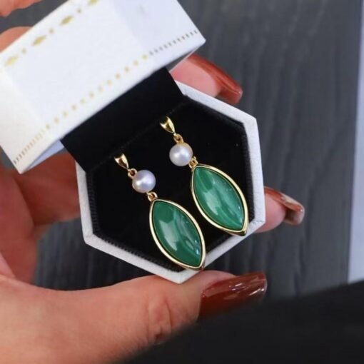 Natural Malachite Studs Earrings Pearl|Vivid Green Malachite Earring Sterling Silver|Statement Green Studs Earring|Minimalist Pearl Earrings