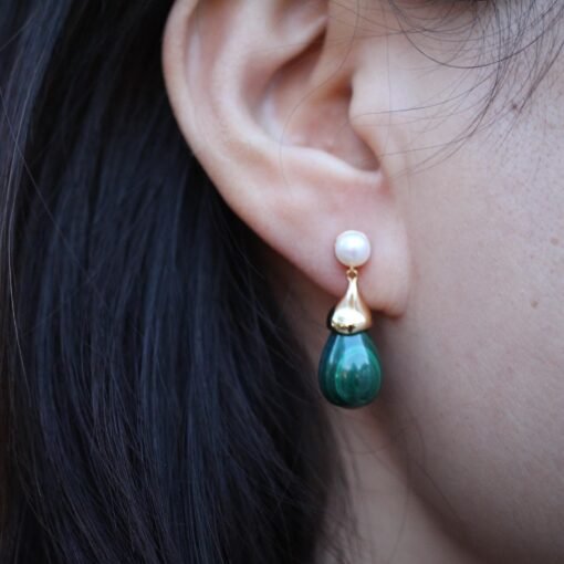 Natural Malachite Drop Earrings 925 Silver/Dainty Malachite With Pearl drop |Malachite Earrings|Green Earrings/Unique Earringsvintage drops - Image 4