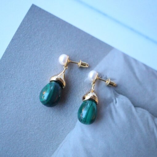 Natural Malachite Drop Earrings 925 Silver/Dainty Malachite With Pearl drop |Malachite Earrings|Green Earrings/Unique Earringsvintage drops - Image 5