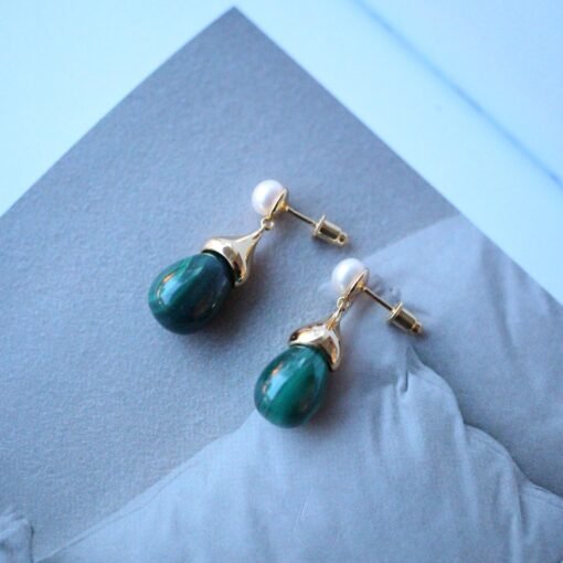 Natural Malachite Drop Earrings 925 Silver/Dainty Malachite With Pearl drop |Malachite Earrings|Green Earrings/Unique Earringsvintage drops - Image 6