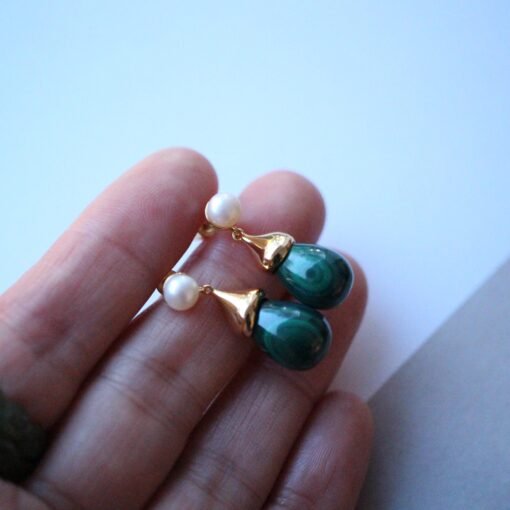 Natural Malachite Drop Earrings 925 Silver/Dainty Malachite With Pearl drop |Malachite Earrings|Green Earrings/Unique Earringsvintage drops - Image 8