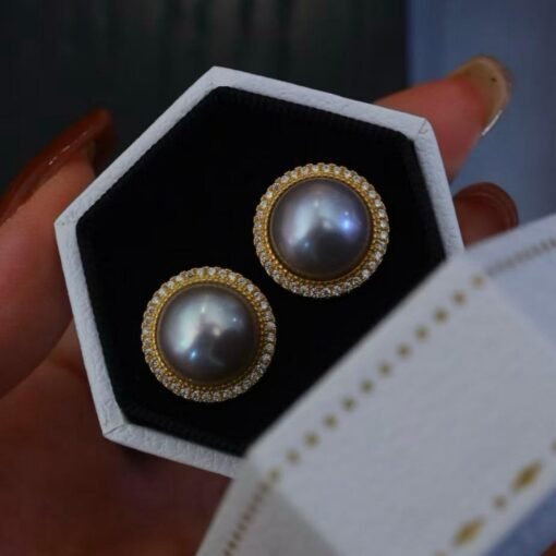Natural Mabe Pearl Studs with Zircon Sterling Sliver|Pearl Halo Zircon Stud|Statement Studs Earring|Real Pearl Stud|Perfect Anniversary Gift - Image 2