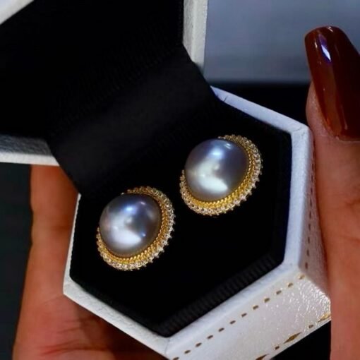Natural Mabe Pearl Studs with Zircon Sterling Sliver|Pearl Halo Zircon Stud|Statement Studs Earring|Real Pearl Stud|Perfect Anniversary Gift - Image 3