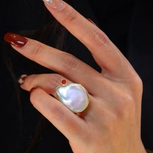 Natural Big Pearl Ring Silver|Minimalist Simple Pearl ring gold Women|Statement Pearl ring|Unqiue June Birthstone Pearl ring - Image 4