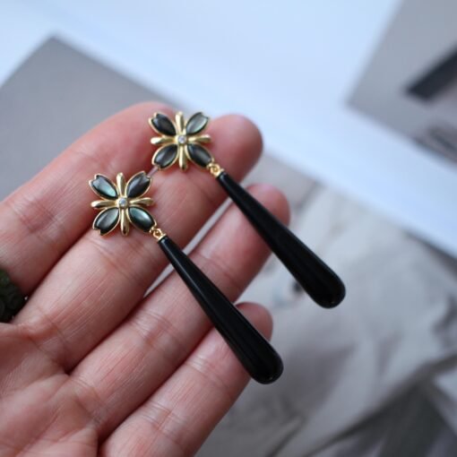 Natural Black Agate Drop Earrings Silver|Unique Black Gemstone Earrings Women|Statement Black Agate Earring|Long Gemstone Earrings For Her - Image 6