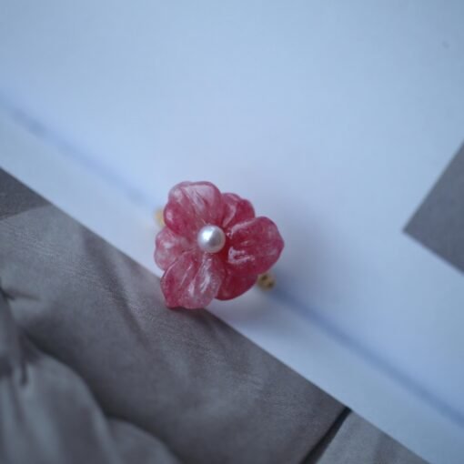 Natural pearl ring with rose quartz gold/Unique pearl pedal rings|Floral pink quartz ring Handmade Pearl ring womenArt deco ring silver - Image 6