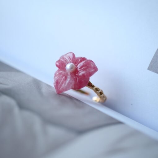 Natural pearl ring with rose quartz gold/Unique pearl pedal rings|Floral pink quartz ring Handmade Pearl ring womenArt deco ring silver - Image 8