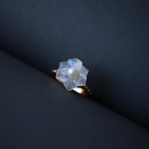 Natural Moonstone with Pearl Ring Women/Unique Moonstone rings/Tiny Petal Flower ring|Hand Carved Moonstone rings|Art deco moonstone ring - Image 3