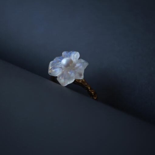 Natural Moonstone with Pearl Ring Women/Unique Moonstone rings/Tiny Petal Flower ring|Hand Carved Moonstone rings|Art deco moonstone ring - Image 5