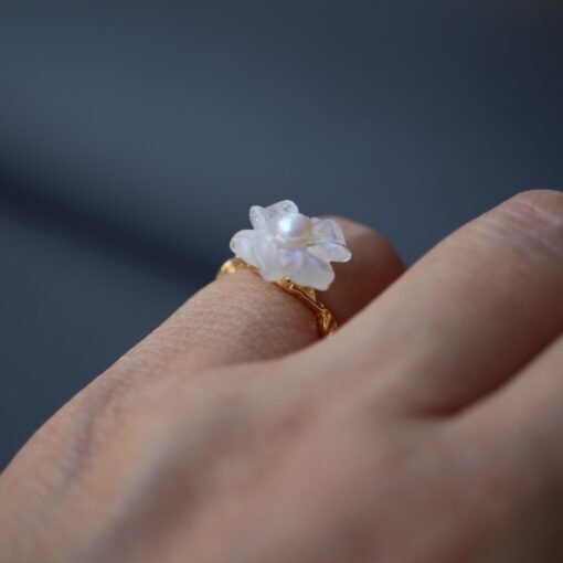 Natural Moonstone with Pearl Ring Women/Unique Moonstone rings/Tiny Petal Flower ring|Hand Carved Moonstone rings|Art deco moonstone ring - Image 4