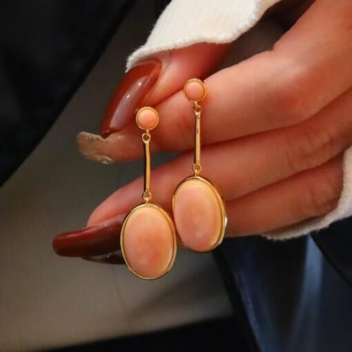 Natural Oval Bezel Pink Queen Conch Shell drop earring silver/Art Deco Trendy Real Pink Gemstone Jewelry|Statement Unique Earring gold - Image 8