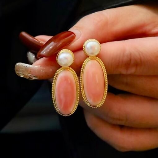 Natural Long Oval Pink Queen Conch Shell with pearl earring silver/Art Deco Trendy real pearl Jewelry|Unique Pink Gem Earring Women - Image 2