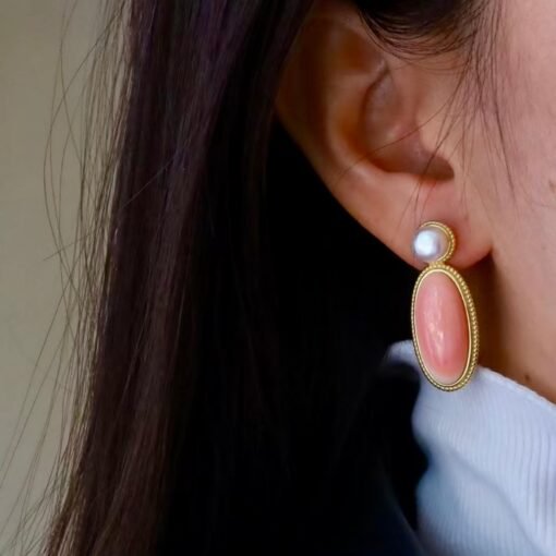 Natural Long Oval Pink Queen Conch Shell with pearl earring silver/Art Deco Trendy real pearl Jewelry|Unique Pink Gem Earring Women - Image 7