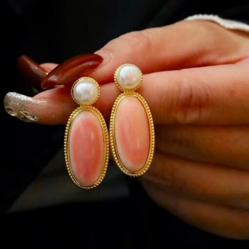 Natural Long Oval Pink Queen Conch Shell with pearl earring silver/Art Deco Trendy real pearl Jewelry|Unique Pink Gem Earring Women - Image 8