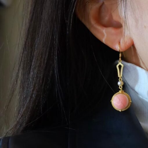 Natural Round Bezel Pink Queen Conch Shell drop with pearl earring silver/Art Deco Trendy Pink Gemstone Jewelry|Statement Unique Earring - Image 4