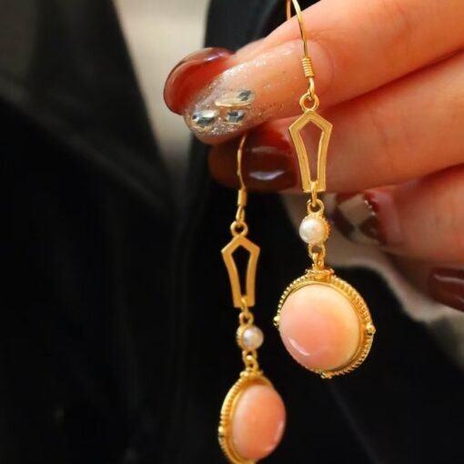 Natural Round Bezel Pink Queen Conch Shell drop with pearl earring silver/Art Deco Trendy Pink Gemstone Jewelry|Statement Unique Earring - Image 6