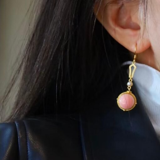 Natural Round Bezel Pink Queen Conch Shell drop with pearl earring silver/Art Deco Trendy Pink Gemstone Jewelry|Statement Unique Earring - Image 7