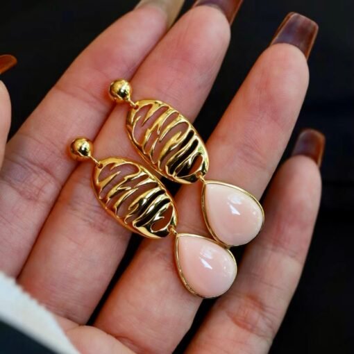 Natural Teardrop Bezel Pink Queen Conch Shell drop earring silver/Art Deco Trendy Real Pink Gemstone Jewelry|Statement Unique Earring gold