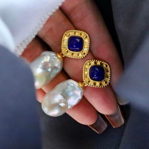 Unique Pearl Drop Earrings With Lapis Lazuli Silver|Real Pearl Studs Earrings|Vintage Statement Pearl Earrings|Natural Handmade Earrings - Image 8