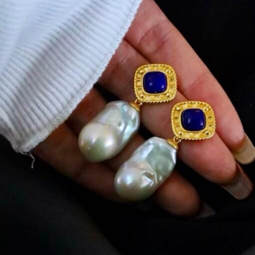 Unique Pearl Drop Earrings With Lapis Lazuli Silver|Real Pearl Studs Earrings|Vintage Statement Pearl Earrings|Natural Handmade Earrings - Image 5