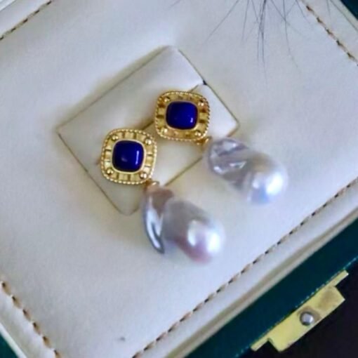 Unique Pearl Drop Earrings With Lapis Lazuli Silver|Real Pearl Studs Earrings|Vintage Statement Pearl Earrings|Natural Handmade Earrings - Image 3