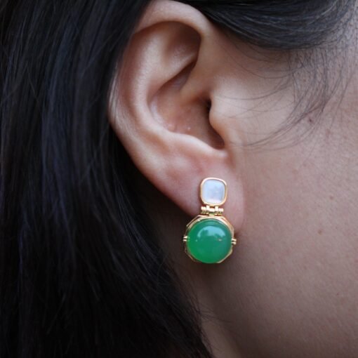 Authentic Cabochon Green Chalcedony Stud Earring 925 Silver|Unique Floral Green Gemstone Studs/Natural Modern Green Gemstone Jewelry Women - Image 4