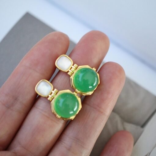 Authentic Cabochon Green Chalcedony Stud Earring 925 Silver|Unique Floral Green Gemstone Studs/Natural Modern Green Gemstone Jewelry Women - Image 2