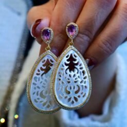 Unique Mother of Pearl With Silver Drop Earrings|Big white gemstone Earrings|Natural Mother of Pearl Stud Women|Handmade Statement Earring