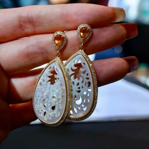 Unique Mother of Pearl With Silver Drop Earrings|Big white gemstone Earrings|Natural Mother of Pearl Stud Women|Handmade Statement Earring - Image 8