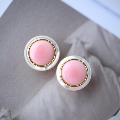 Natural Pink Queen Conch Shell stud earring gold plated silver|Statement Pink Gemstone Jewelry|Unique Earring For Her|Bezel set stud Earring - Image 6