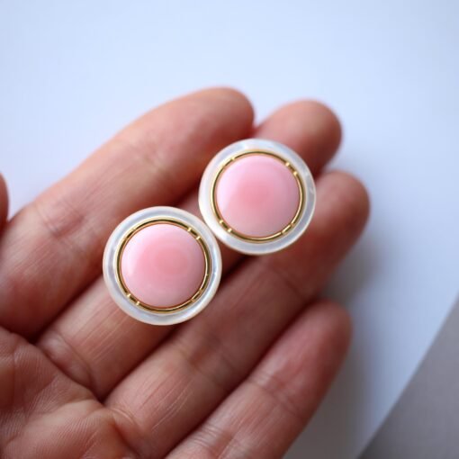Natural Pink Queen Conch Shell stud earring gold plated silver|Statement Pink Gemstone Jewelry|Unique Earring For Her|Bezel set stud Earring - Image 3