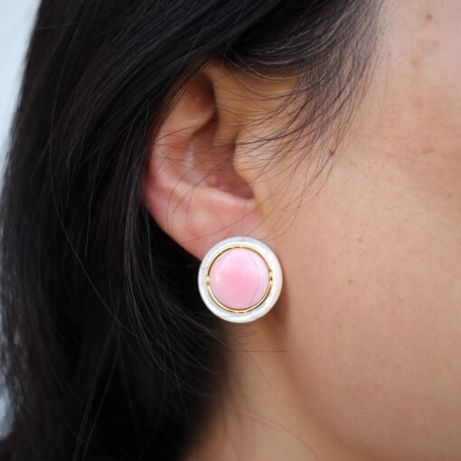 Natural Pink Queen Conch Shell stud earring gold plated silver|Statement Pink Gemstone Jewelry|Unique Earring For Her|Bezel set stud Earring - Image 4