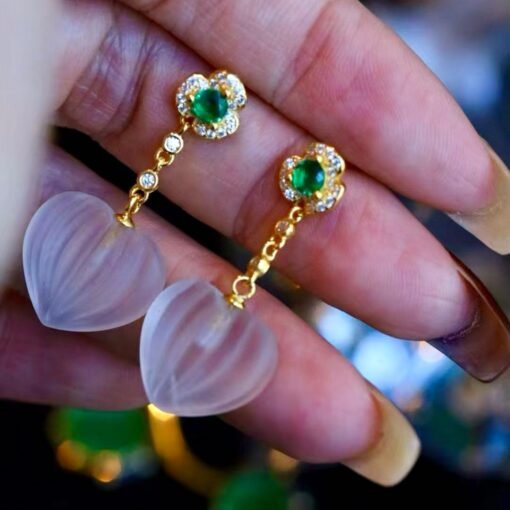 Natural Quartz with Green zircon Teardrop Earrings silver/Unique Chunky Quartz Drop Earrings Women/Art Deco Vintage Quartz Earrings Gold - Image 2