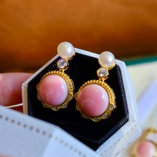 Genuine Pearl stud earring s925 silver|Vintage Pink Gemstone Jewelry|Unique Pearl Earring For Her|Real pearl earring|Bezel set Earring women - Image 5