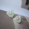 Natural Green Jade Stud Earrings withPearl/Hand-carved Jade Flower Stud Earrings| Everyday Minimalist Earrings|Handmade Dainty Stud Earrings