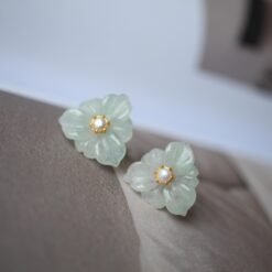 Natural Green Jade Stud Earrings withPearl/Hand-carved Jade Flower Stud Earrings| Everyday Minimalist Earrings|Handmade Dainty Stud Earrings
