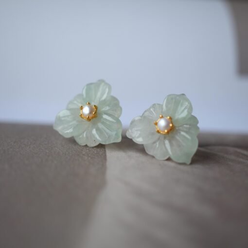 Natural Green Jade Stud Earrings withPearl/Hand-carved Jade Flower Stud Earrings| Everyday Minimalist Earrings|Handmade Dainty Stud Earrings - Image 8