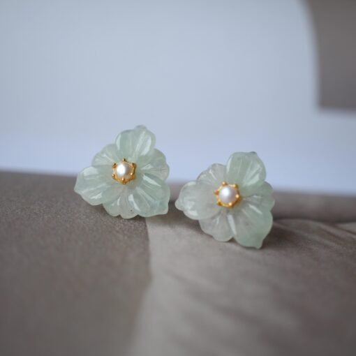 Natural Green Jade Stud Earrings withPearl/Hand-carved Jade Flower Stud Earrings| Everyday Minimalist Earrings|Handmade Dainty Stud Earrings - Image 6