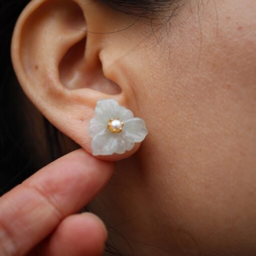 Natural Green Jade Stud Earrings withPearl/Hand-carved Jade Flower Stud Earrings| Everyday Minimalist Earrings|Handmade Dainty Stud Earrings - Image 7